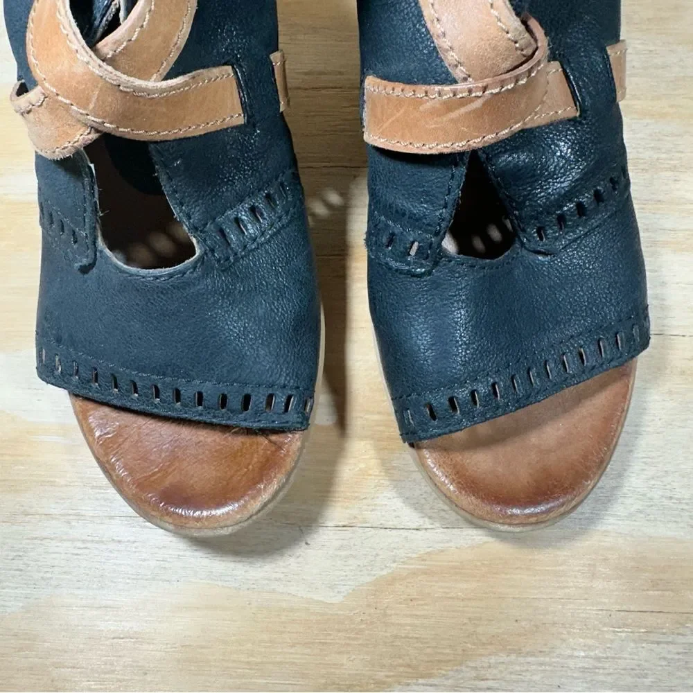 Miz Mooz Kipling Leather Black and Tan Wedge Sandals Women’s Size 7.5